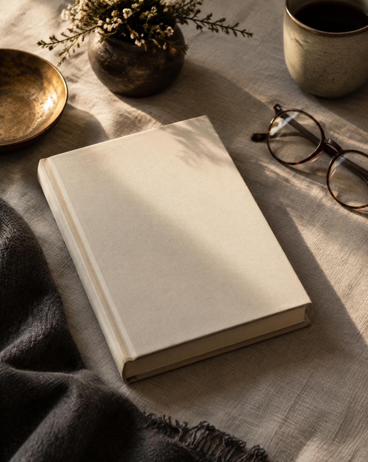 A quiet still life of a hardcover book resting on linen